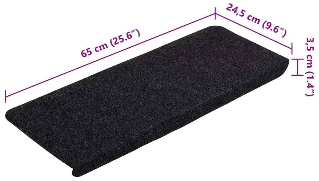 Tapetes de escada autoadesivos 15 pcs 65x24,5x3,5 cm preto