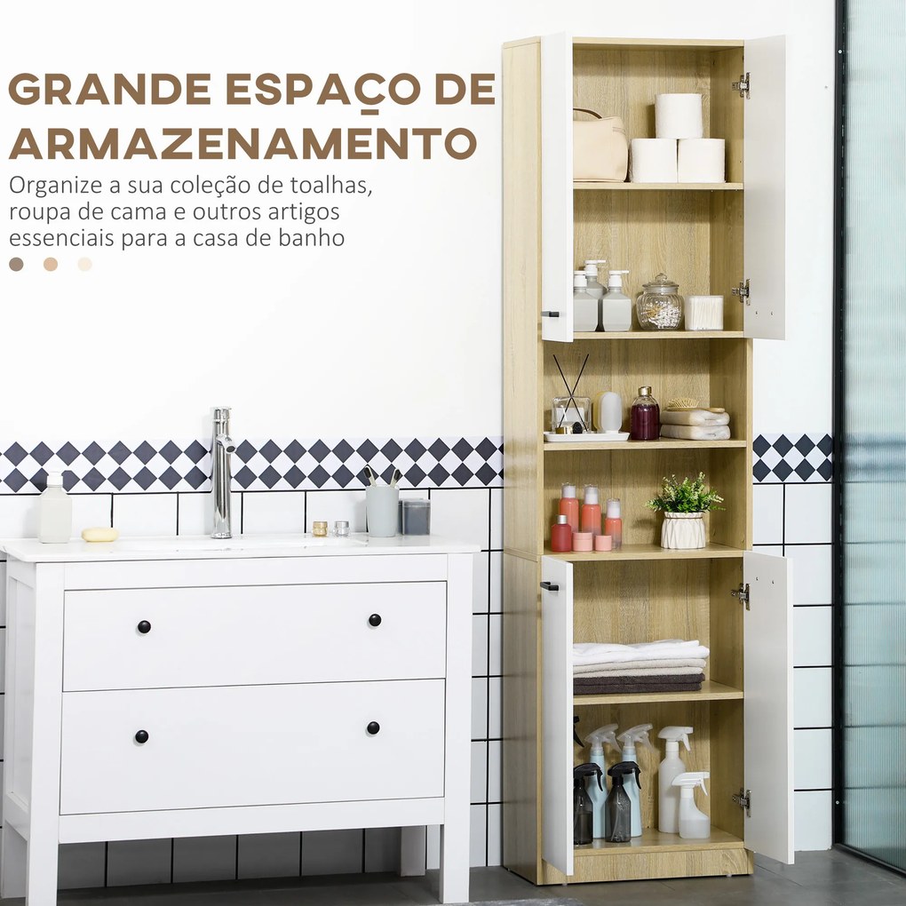 Coluna Casa de Banho Armário Alto Casa de Banho com 4 Portas 2 Prateleiras Abertas e Ajustáveis 53x34x196cm Branco e Madeira