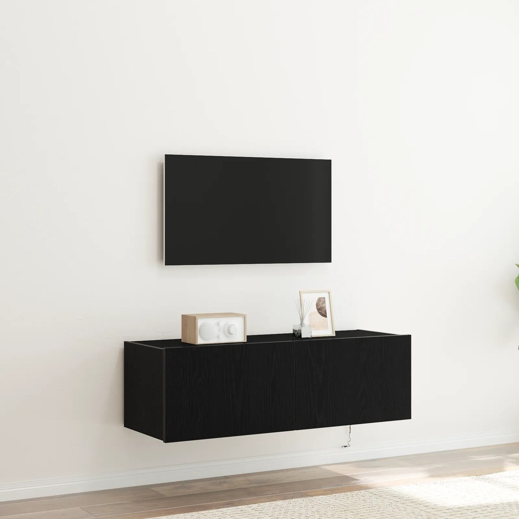 Armário de TV vidaXL com Luzes LED Carvalho Preto 100x35x31 cm