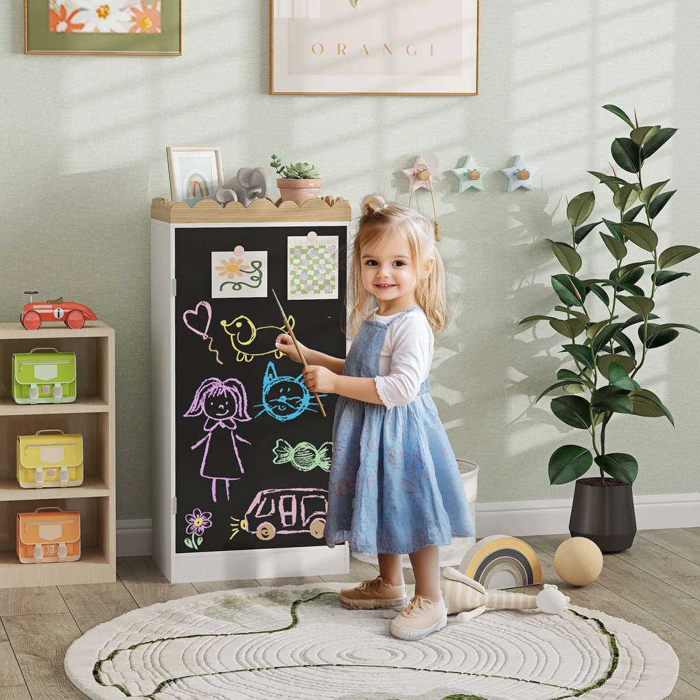Móvel de arrumação infantil 48 L x 30 P x 100 A cm, arrumação para brinquedos com porta em quadro negro, 3 compartimentos e prateleira superior, branc