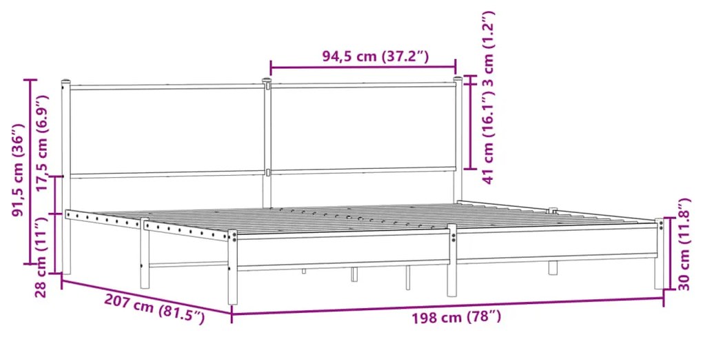 Estrutura de cama sem colchão 193x203cm metal carvalho sonoma