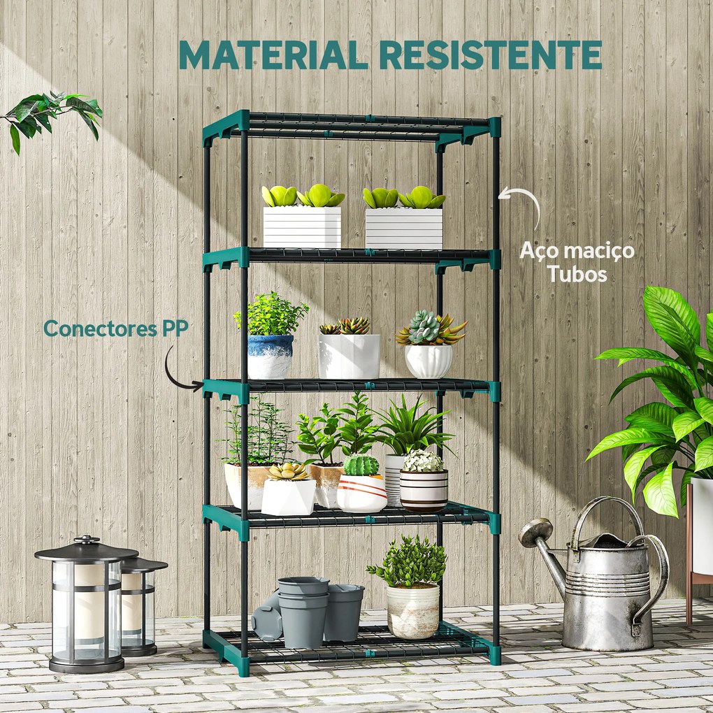 Suporte para Plantas de 5 Níveis, Estante de Aço com Prateleiras de Rede, 67x49x138 cm, Verde Escuro