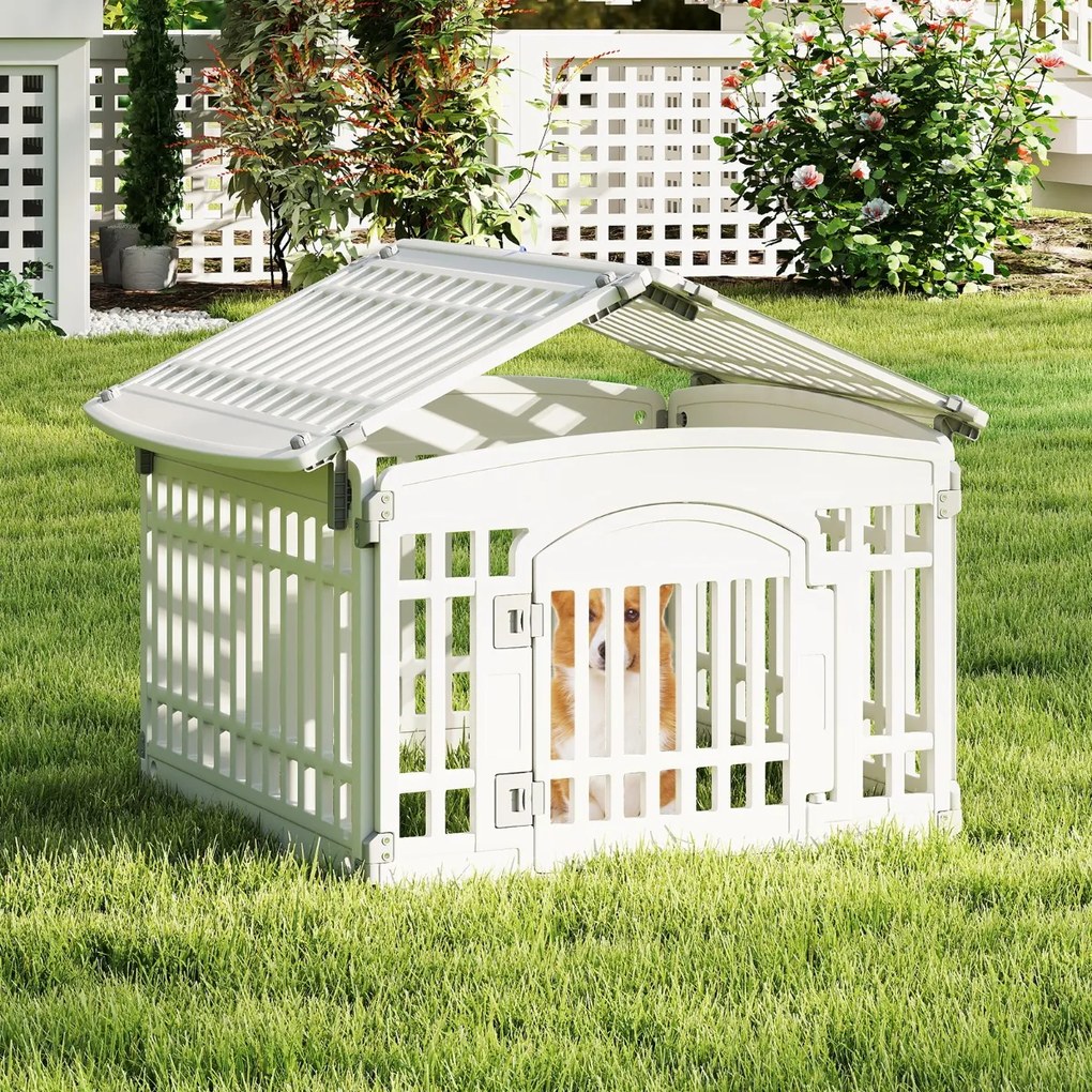 Parque para animais de estimação com 6 painéis e porta com fecho de segurança Ideal para cães pequenos e médios Interior e exterior Branco