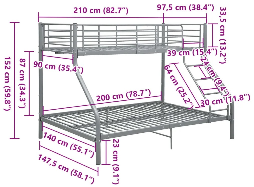 Estrutura de beliche 140x200/90x200 cm metal cinzento