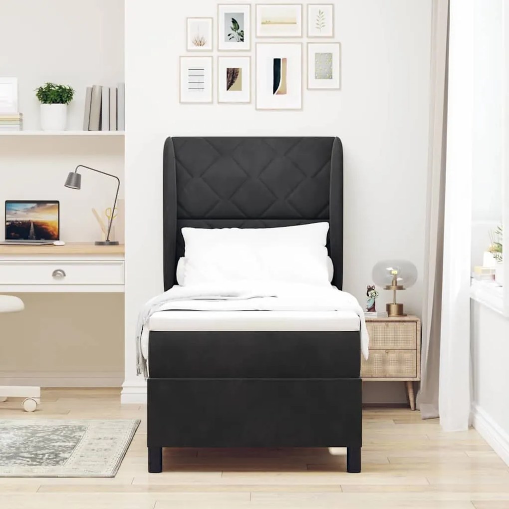 Cama Box Spring com Colchão Preta 80x200 cm em Veludo