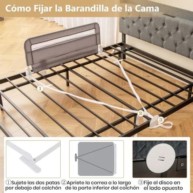 Barreira de Cama para Crianças Pequenas Dobrável de 100 cm com Capa Removível e Lavável e Correia de Segurança Cinzento