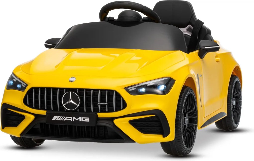 Carro elétrico para crianças Mercedes CLE 12V bateria de lítio, luzes LED, comando remoto de 2,4 GHz, ligação Bluetooth, licença ORIGINAL Amarelo