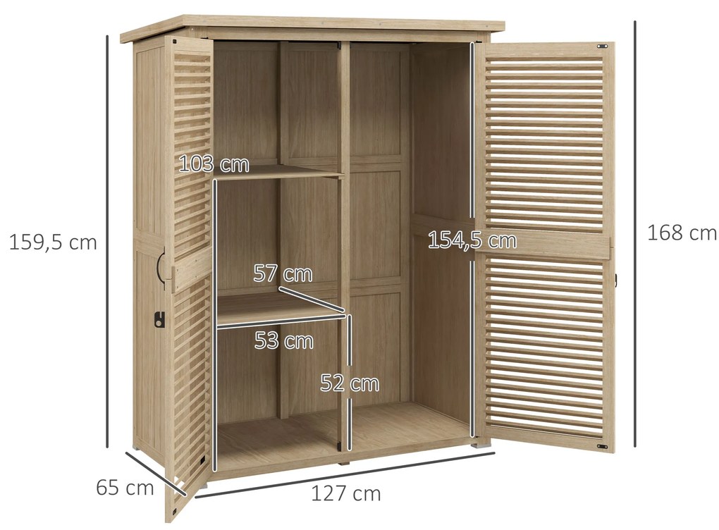 Armário de Jardim de Madeira 0,83 m² 127x65x168 cm com 2 Portas de Persiana 2 Prateleiras 2 Alças e Telhado Impermeável Natural