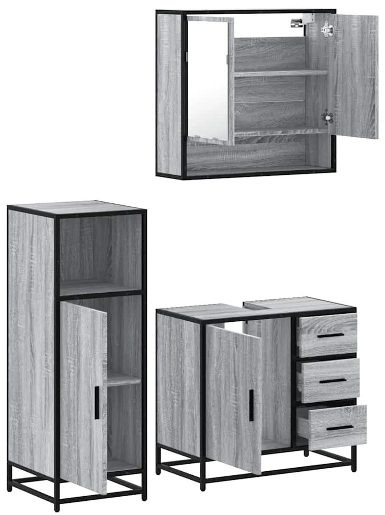 3 pcs Conjunto móveis casa de banho madeira proc. cinza sonoma