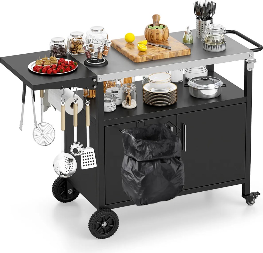 Carrinho cozinha de jardim para grelhados 127 x 50 x 84 cm com arrumação e tampo dobrável para churrasco em aço inoxidável Preto