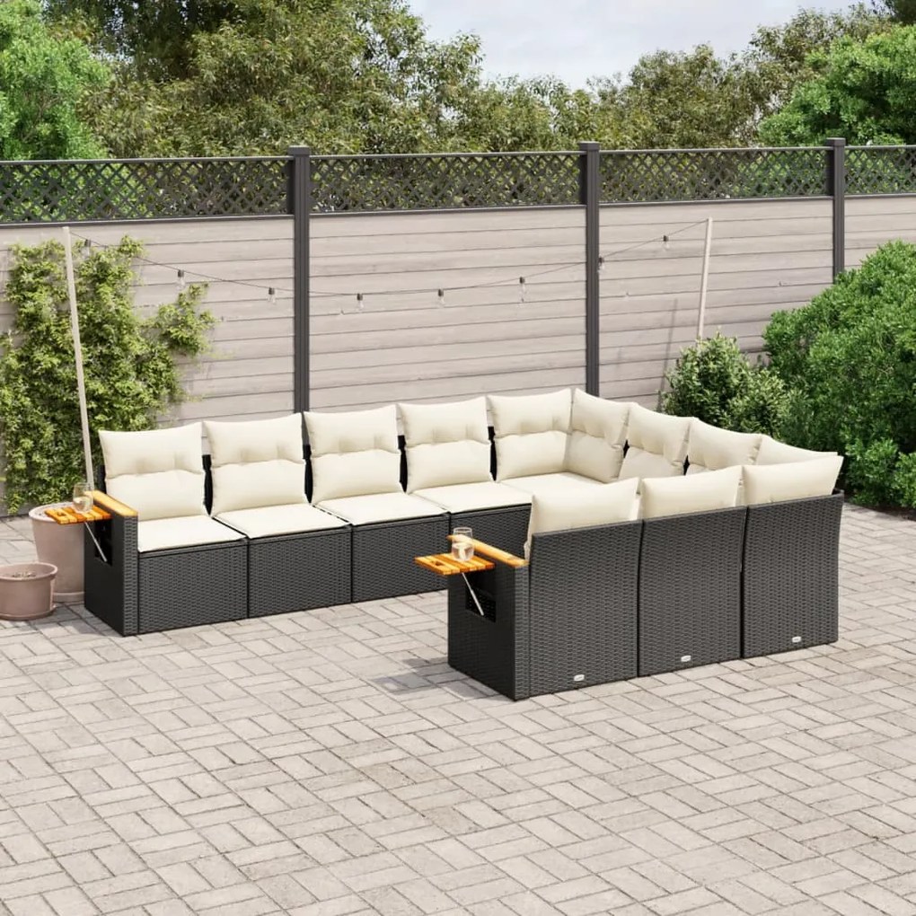 10 pcs conjunto sofás de jardim c/ almofadões vime PE preto