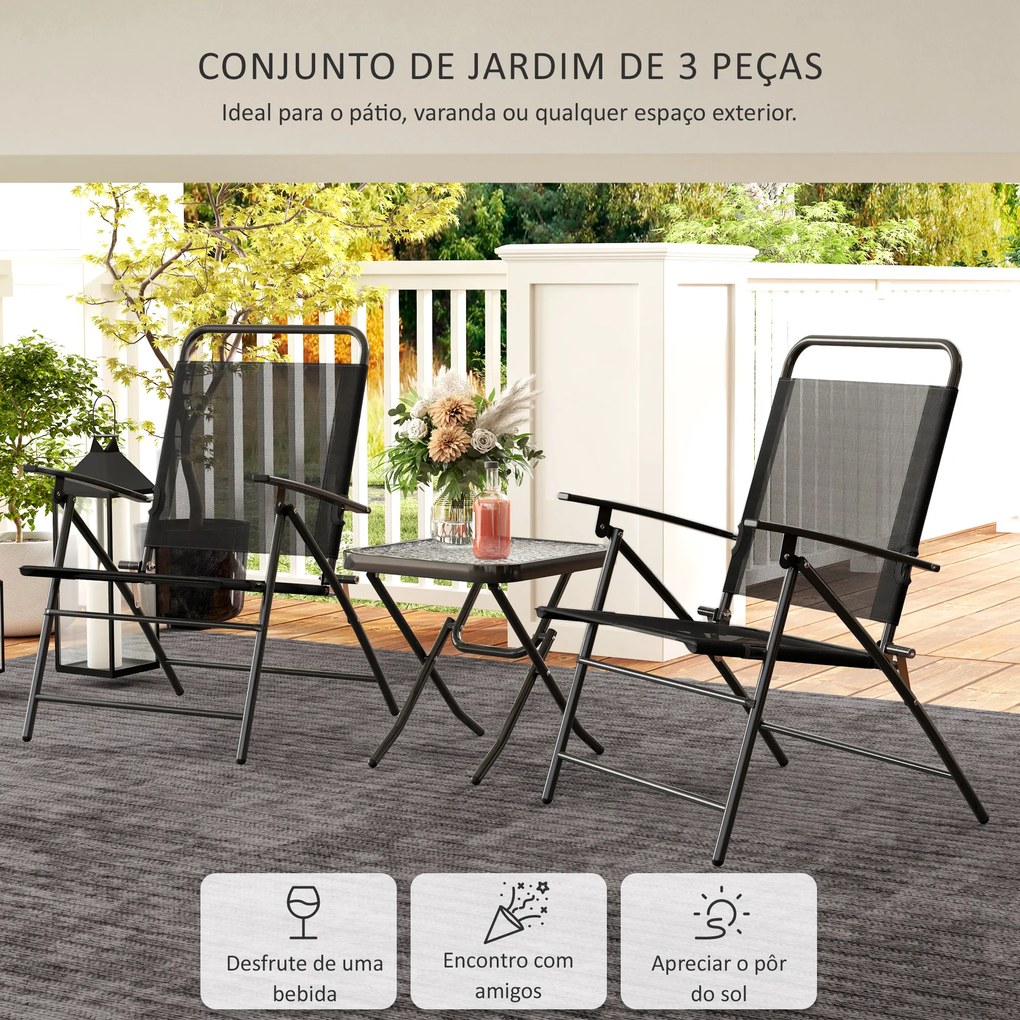 Conjunto de Mesa e Cadeiras de 3 Peças Móveis de Jardim Dobráveis com Encosto Ajustável e Bancada de Vidro Preto