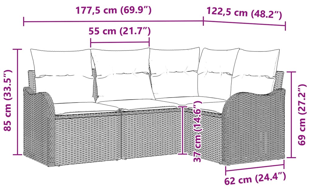 Conjunto de Sofá de Jardim vidaXL com Almofadas Preto Rattan