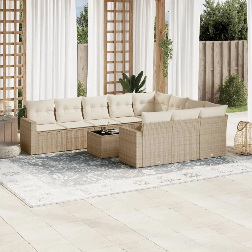 vidaXL 11 pcs conjunto sofás de jardim c/ almofadões vime PE bege