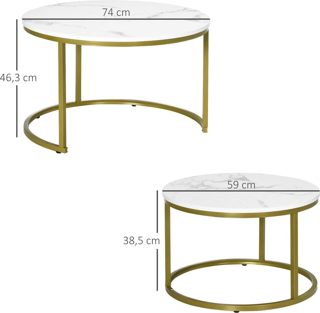 Conjunto de 2 mesas baixas encaixáveis, redondas, com tampo com efeito mármore e pés em aço, Ø 74 x 46,3 cm, branco dourado