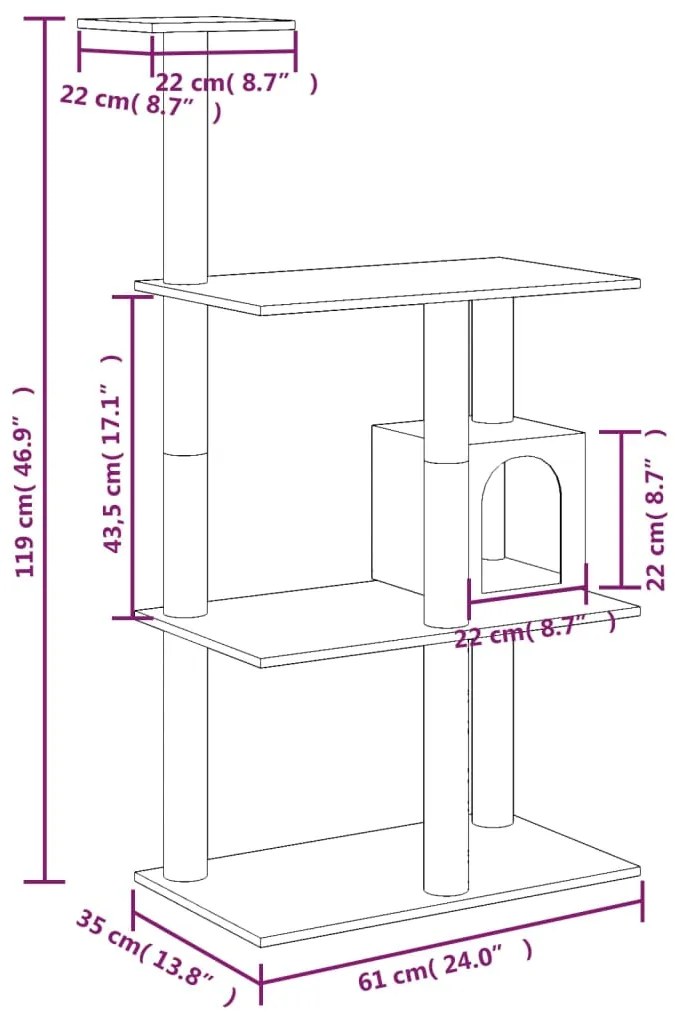 Árvore p/ gatos c/ postes arranhadores sisal 119 cm cinza-claro
