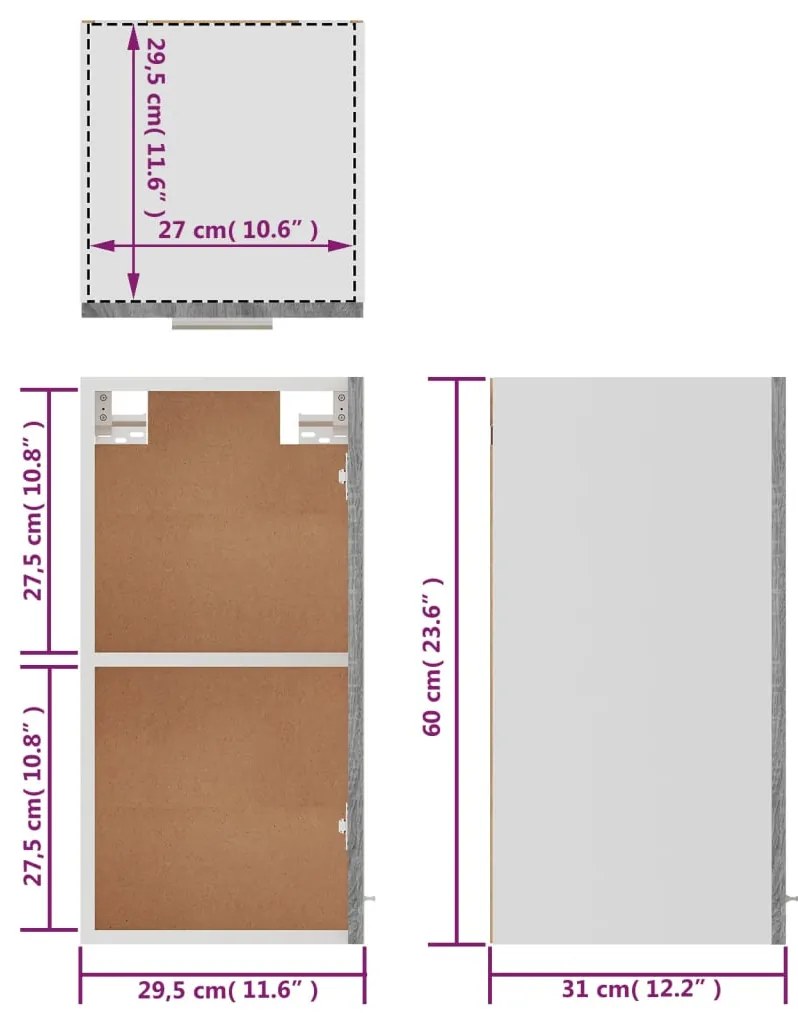 Armário suspenso “Lyon” 29,5x31x60cm cinza sonoma