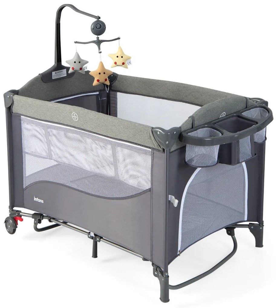 Berço multifuncional 5 em 1 dobrável para troca de fraldas com caixa de música e brinquedos pendurados 110 x 82 x 82 cm Azul
