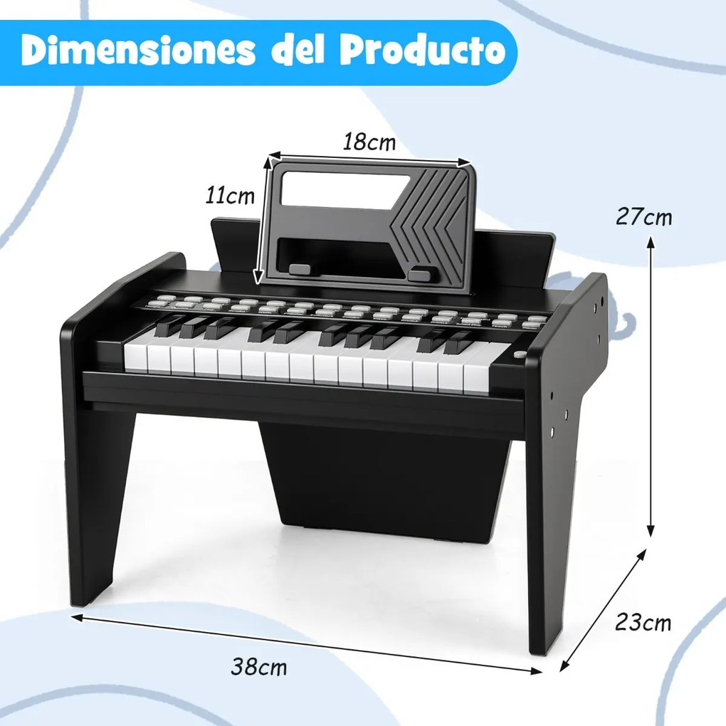 Teclado de piano para crianças 38 x 23 x 27 cm com 25 teclas digital em madeira com velocidade e volume ajustáveis Modo de ensino Preto
