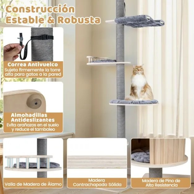 Árvore para gatos de 5 níveis Torre de madeira ajustável de 236-271 cm de altura com gancho casa Postes para arranhar Plataformas cinzentas