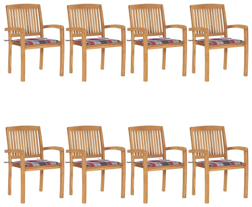vidaXL Cadeiras de jardim empiháveis c/ almofadões 8 pcs teca maciça