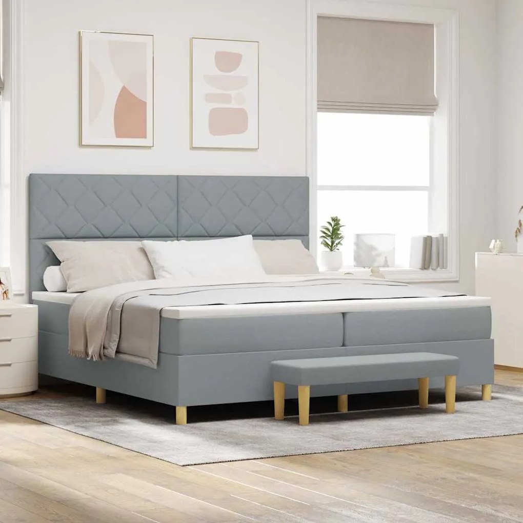 Cama Box Spring com Colchão e Banco Cinza Claro 200x200 cm Tecido