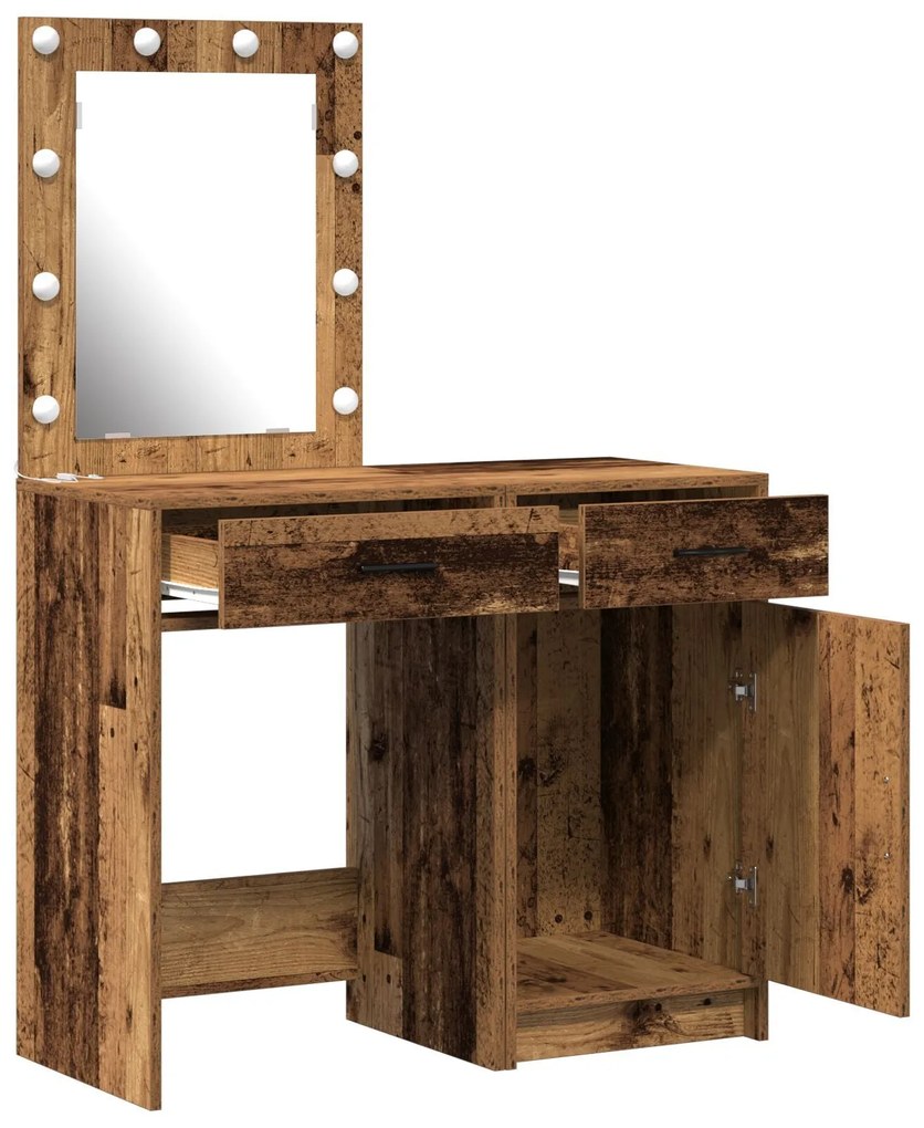 Conjunto de Mesa de Maquiagem com LED em Acabamento de Madeira Velha