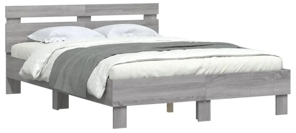 Estrutura cama c/ cabeceira/luzes LED 135x190cm cinzento sonoma