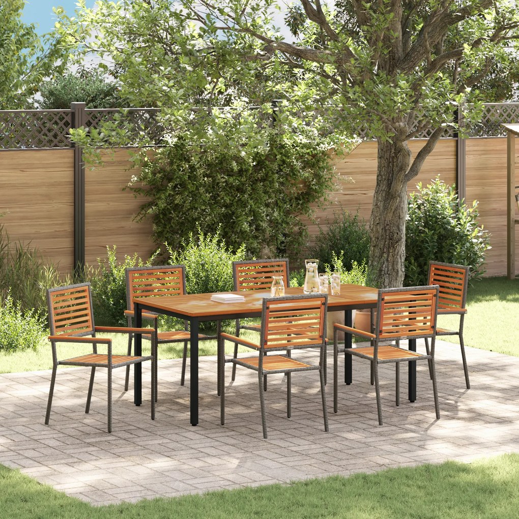 Conjunto de Jantar de Jardim vidaXL 7 Peças Cinza Rattan Acacia