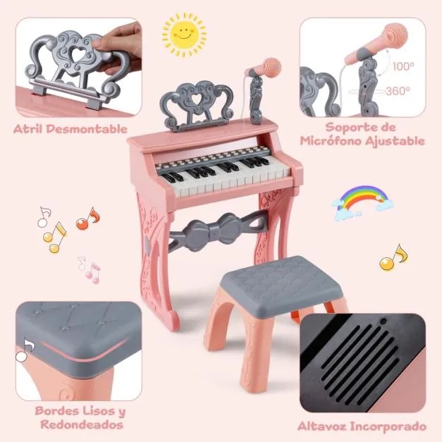 Piano de 25 teclas para crianças com atril e microfone Brinquedo educativo para aprendizagem precoce 3+ anos 45 x 17,5 x 32,5 cm Rosa