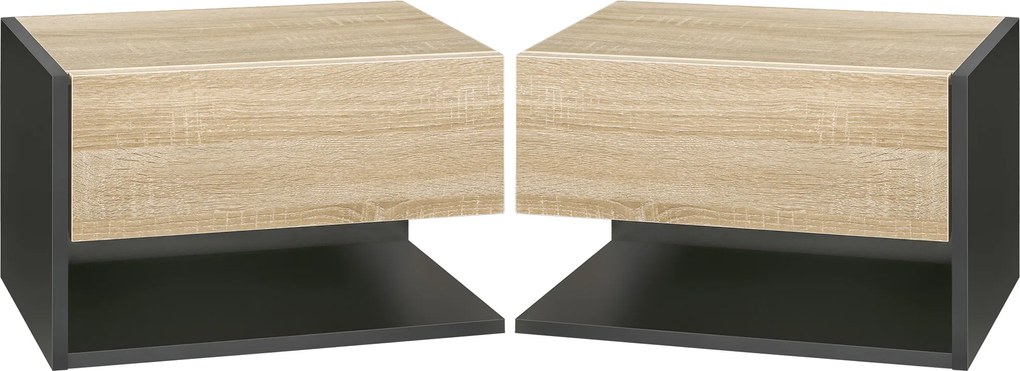 Conjunto de 2 Mesas de Cabeceira Flutuantes com 1 Gaveta e Prateleira Aberta 46x30x30 cm Carvalho e Preto