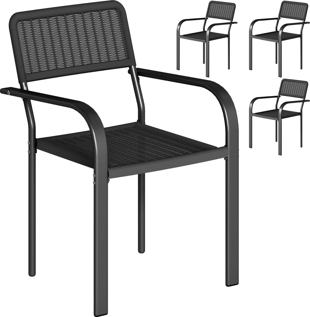 Conjunto de 4 Cadeiras de Jardim Exterior Empilháveis (MESA NÃO INCLUIDA) com Apoios de Braços Encosto e Estrutura de Aço 55x60x83 cm Preto