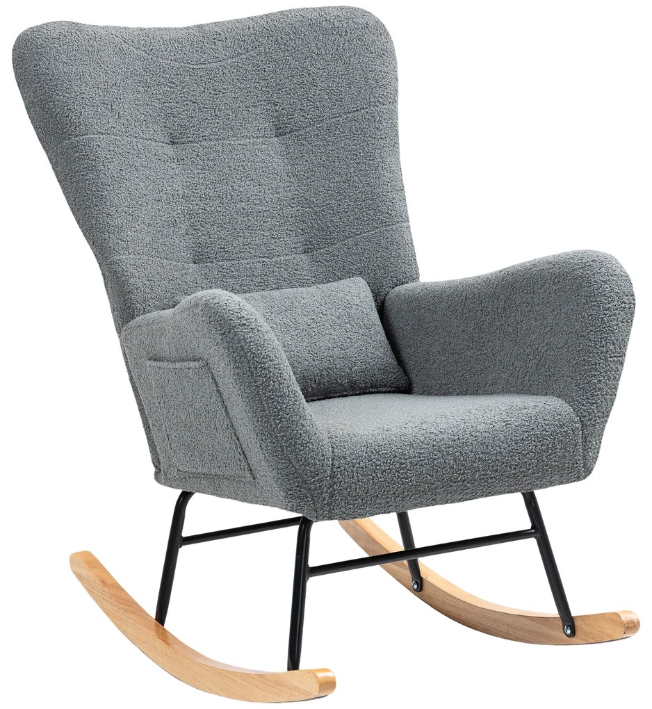 HOMCOM Poltrona Baloiço em Borrego Poltrona para Amamentação com Encosto Acolchoado Almofada e Base de Madeira de Borracha 67x82x100 cm Cinza