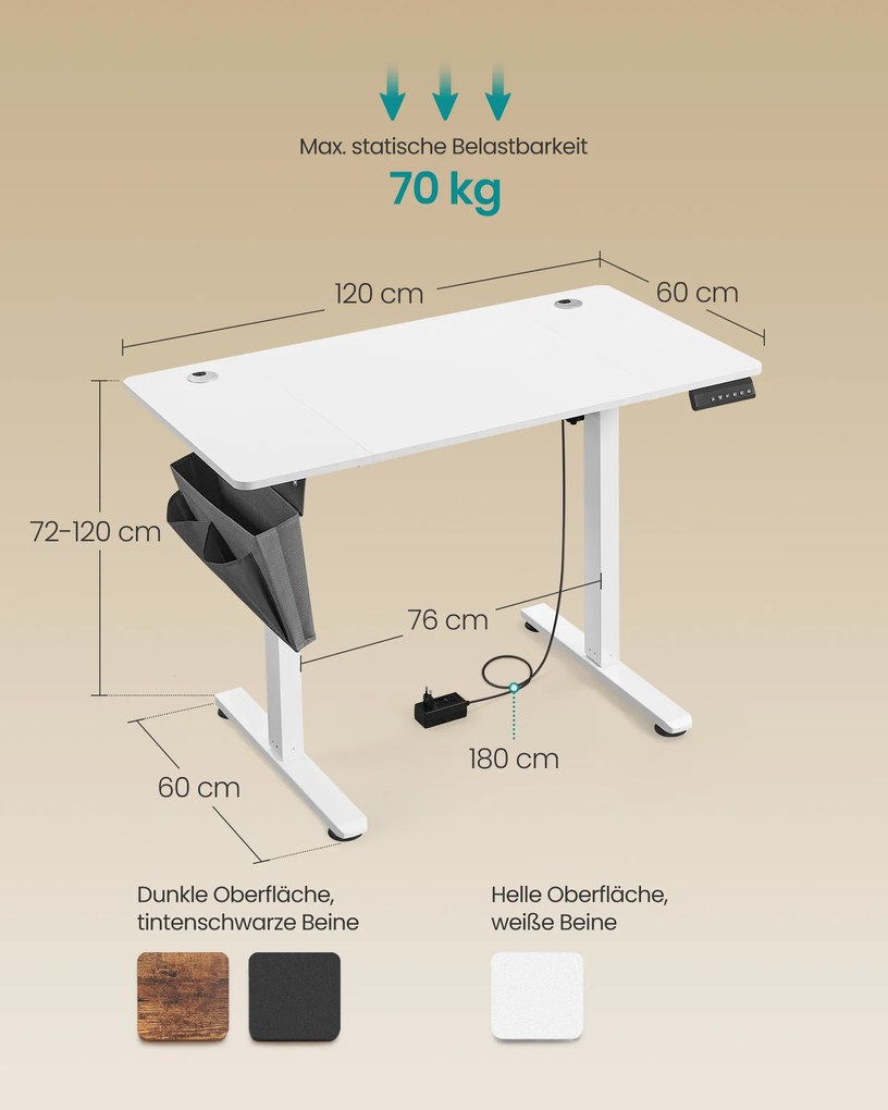 Secretária eléctrica regulável em altura 60 x 120 x (72-120) cm Branca