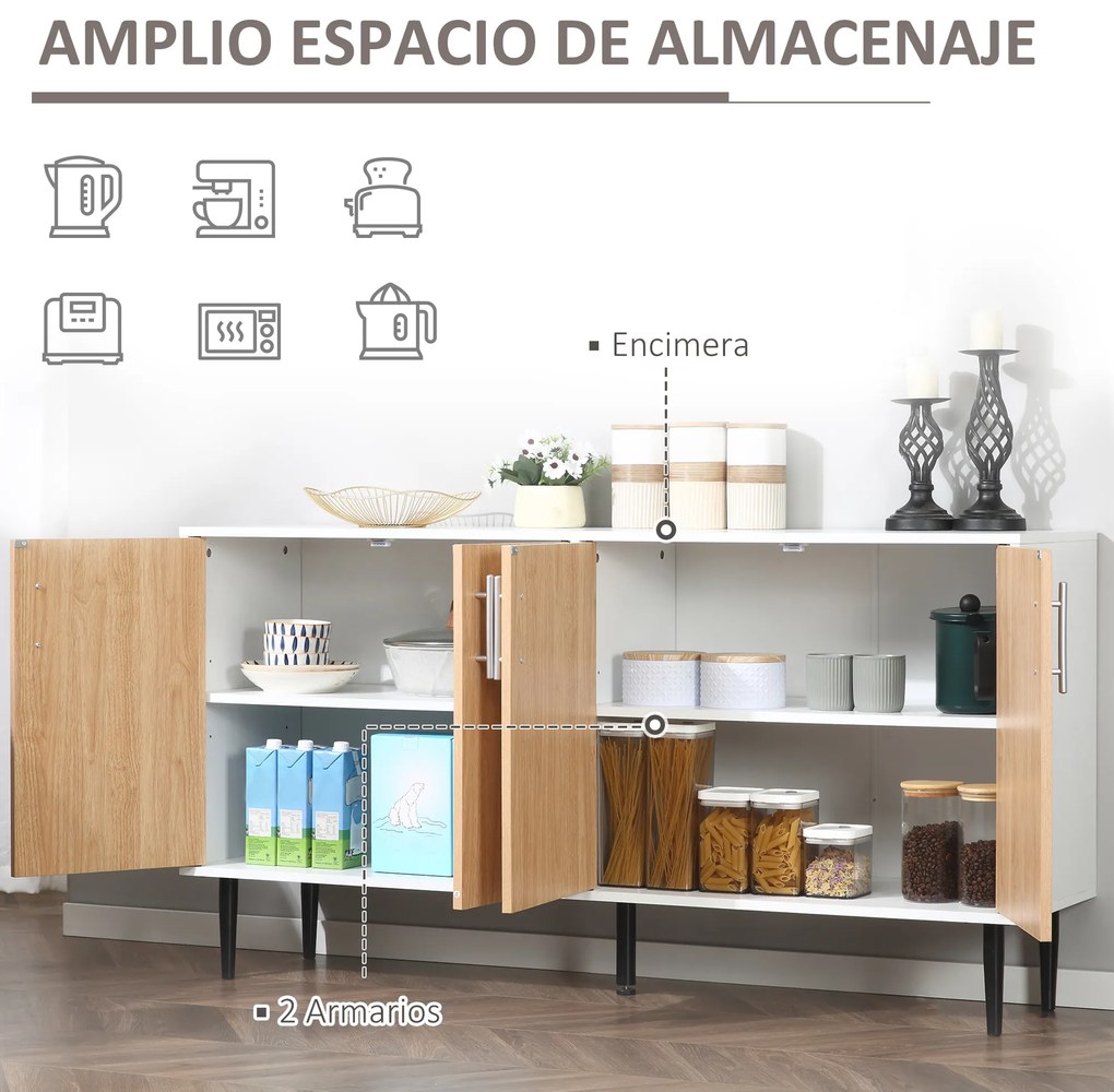 HOMCOM Aparador de Cozinha com 4 Portas Prateleiras Ajustáveis e Pés Metalicos Móvel Auxiliar Moderno para Sala de Estar Sala de Jantar 147,2x40,5x76,2cm Natural e Branco
