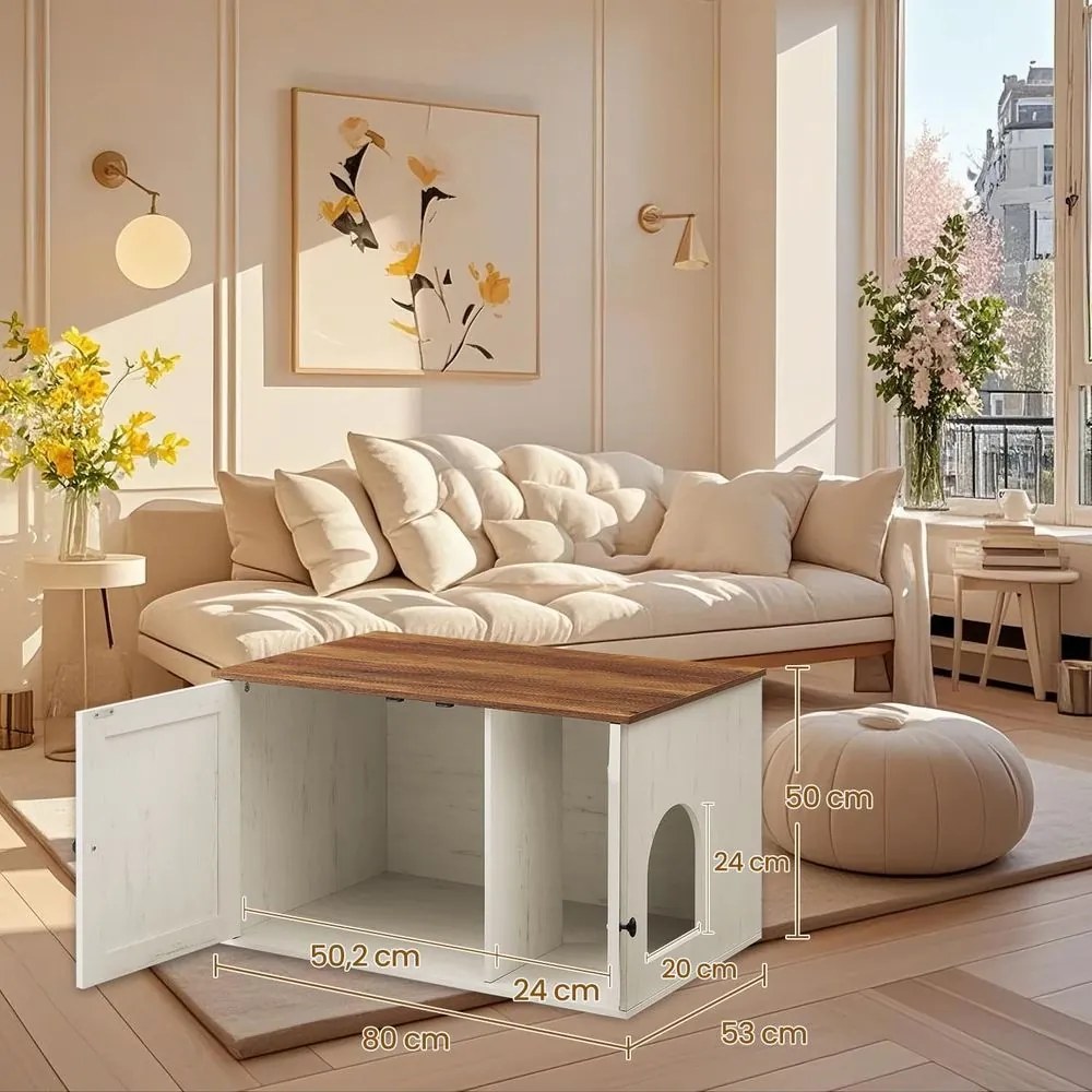 Armário para a caixa de areia com divisória amovível 80 x 53 x 50 cm Castanho-branco com grão