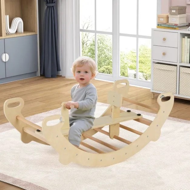 Cavalo de baloiço crianças escalador de madeira com arco de escalada, baloiço e túnel para gatinhar com assento para 1 a 5 anos 112 x 52 x 44 cm Natur