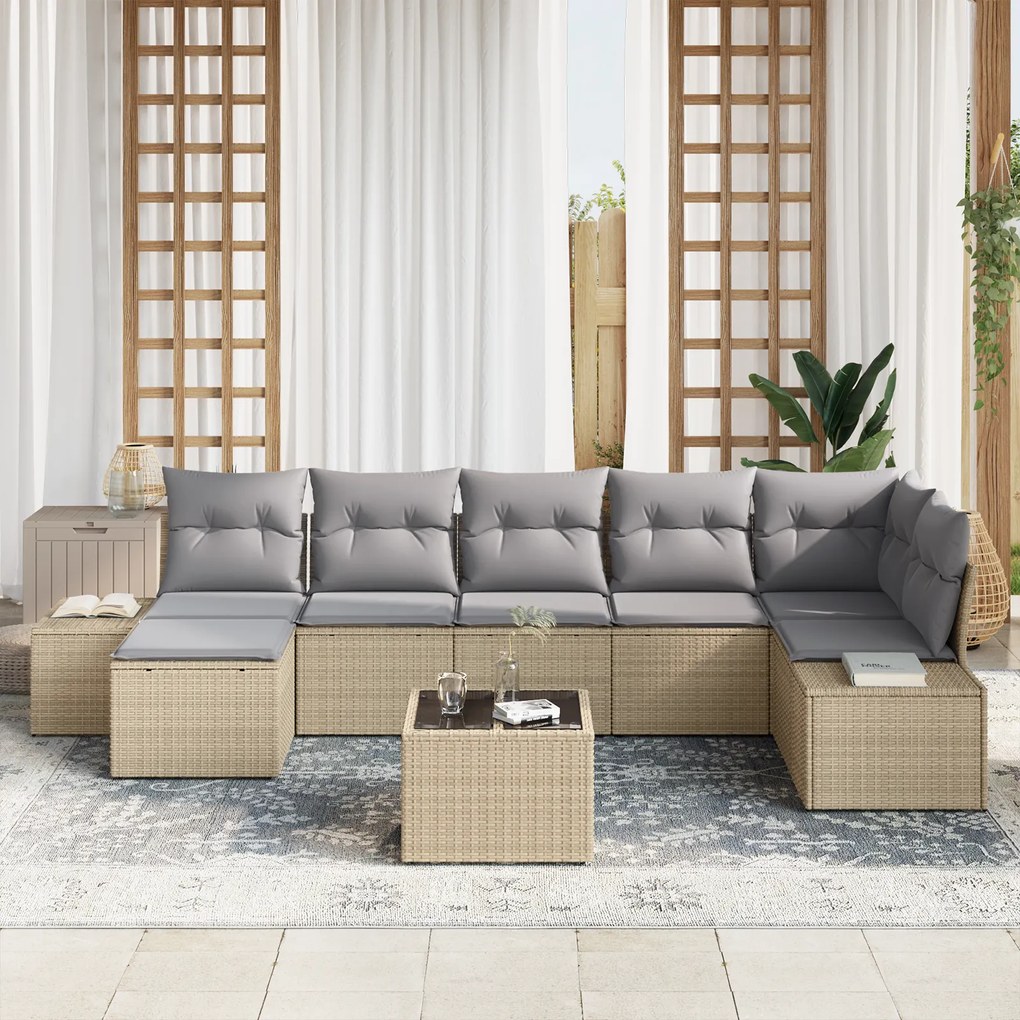 Conjunto de Sofá de Jardim de 8 Peças com Almofadas Vime PE Preto