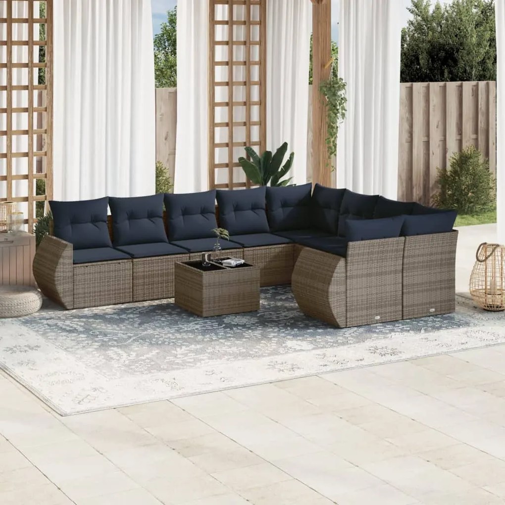 vidaXL 10 pcs conjunto sofás p/ jardim c/ almofadões vime PE cinzento