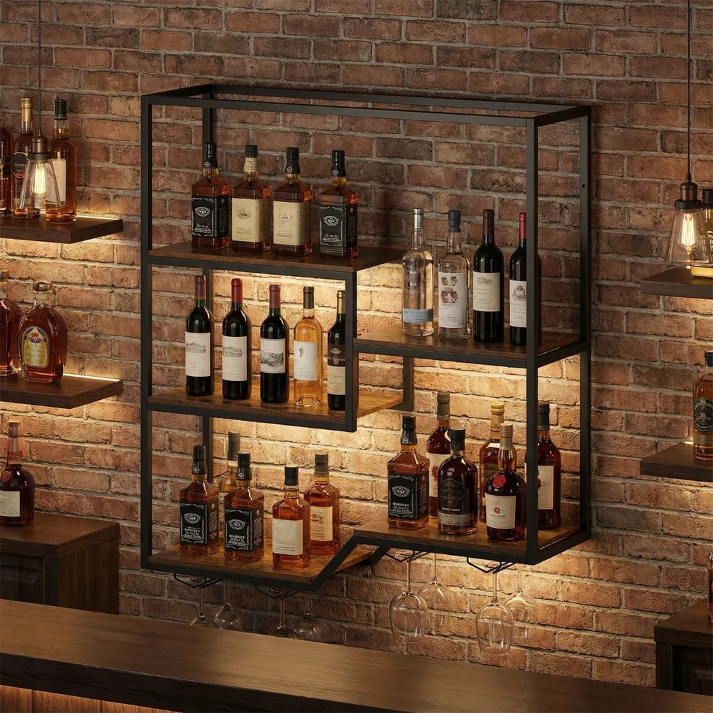 Garrafeira de parede para vinhos 102 x 30 x 112 cm com 6 prateleiras e suporte para copos Castanho rústico