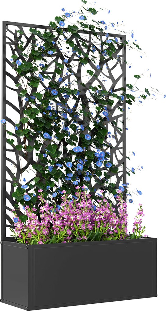 Floreira de Metal com Ecrã de Privacidade com Ramos Decorativos Floreira de Parede ou Independente 61x23x113 cm Preto