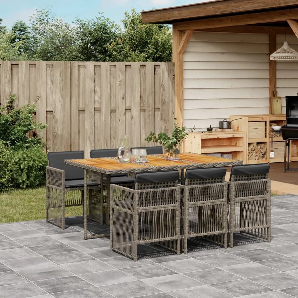 vidaXL 7 pcs conjunto de jantar p/ jardim c/ almofadões vime PE cinza
