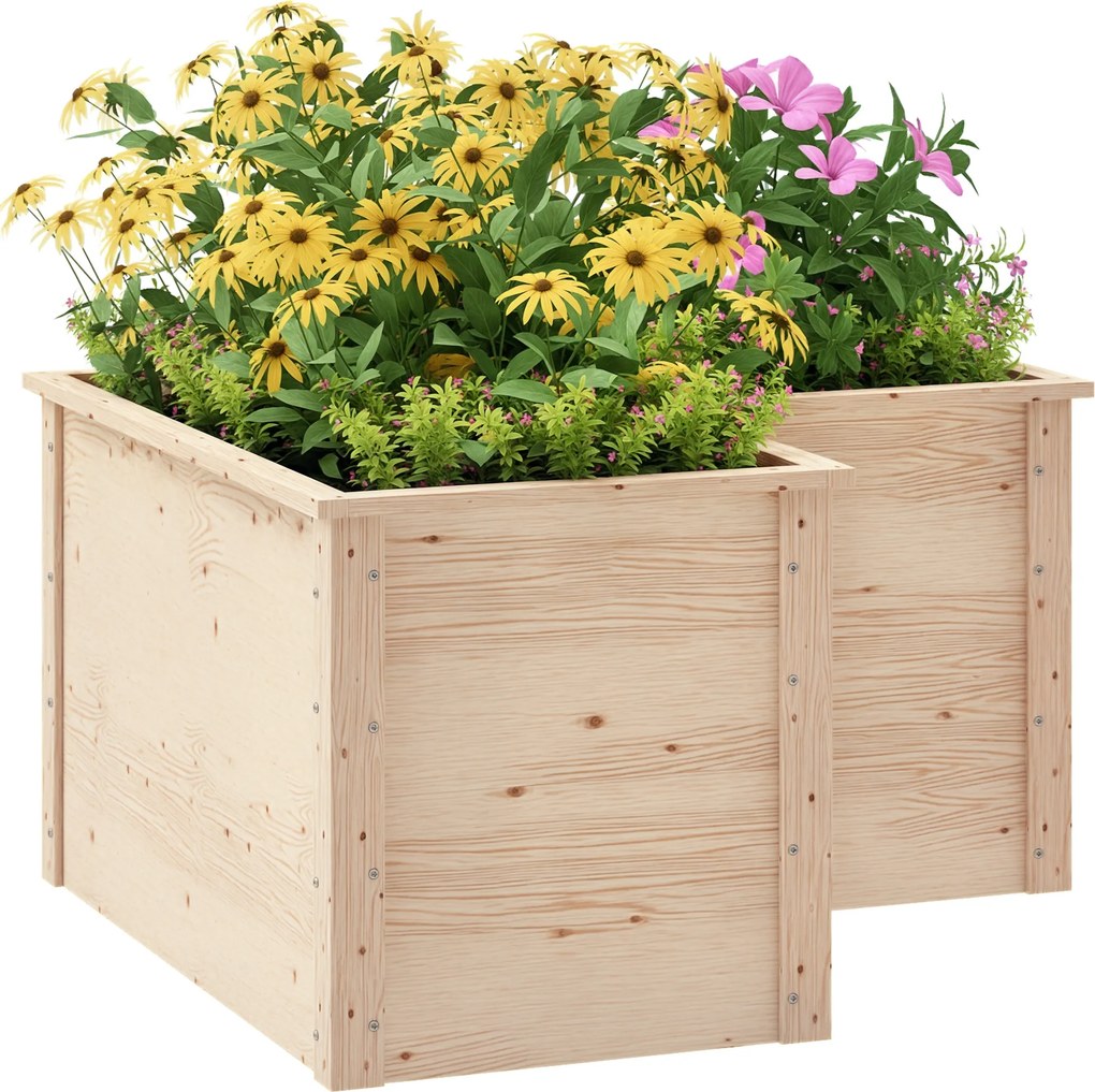 Floreira em forma de L, canteiro elevado, floreira com fundo aberto, em madeira, 120 x 120 x 62 cm, madeira natural