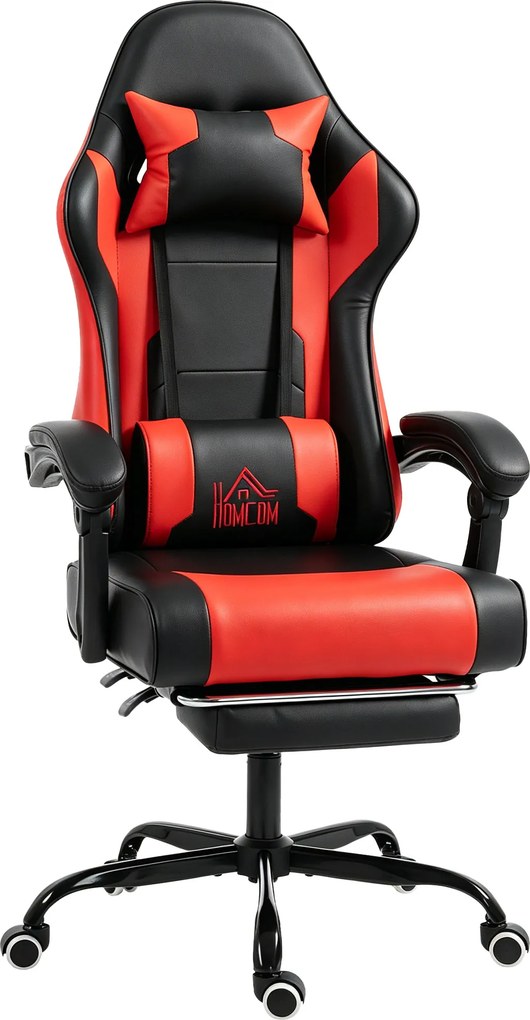 HOMCOM Cadeira Gamer com Massagem Lombar Vibratória Reclinável 155° Altura Ajustável Apoio de Cabeça e Apoio para os Pés Retrátil Vermelho | Aosom Portugal