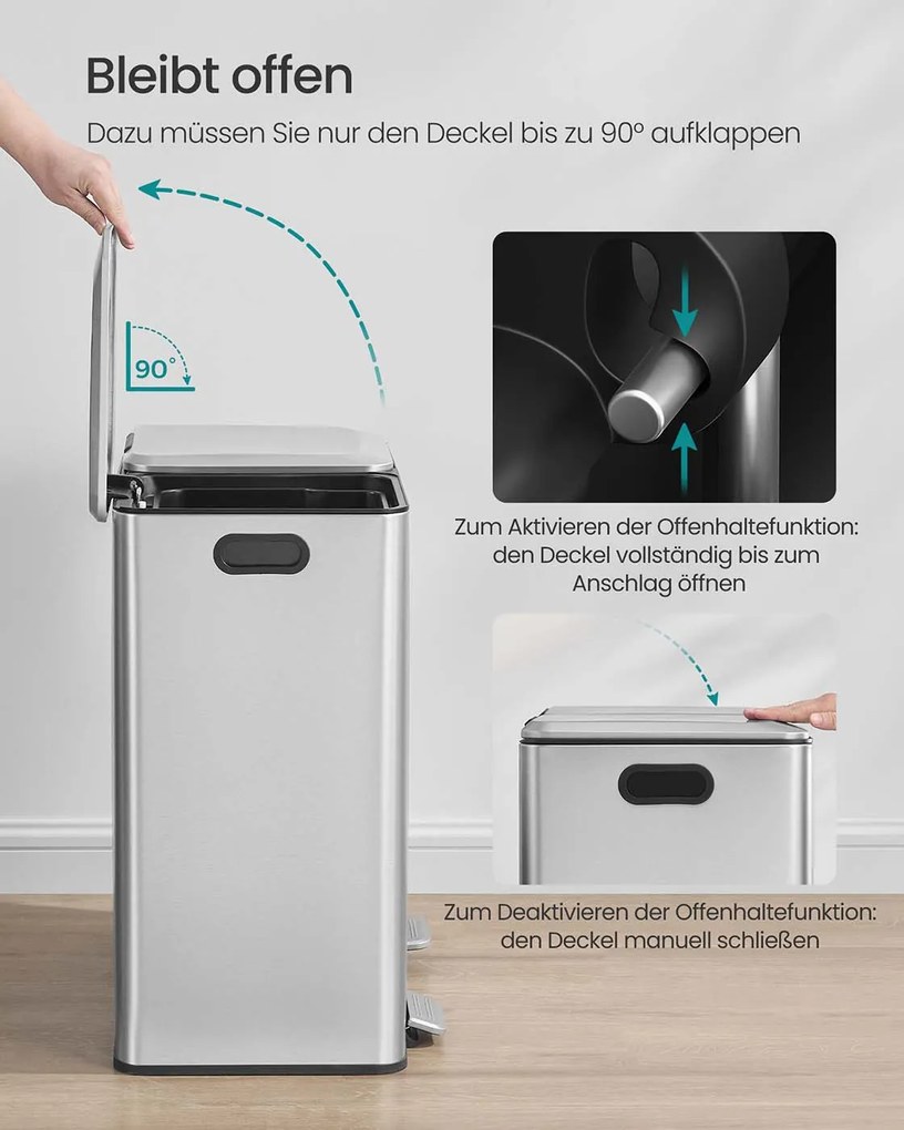 Caixote do lixo 58,5 x 37 x 64 cm com dois compartimentos 30 litros, pedal com fecho suave e baldes interiores prateado metálico
