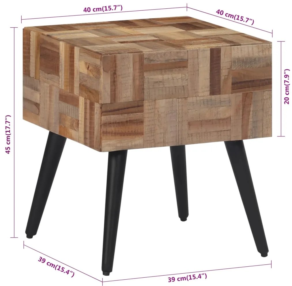 Mesa de apoio 40x40x45 cm madeira de teca recuperada maciça