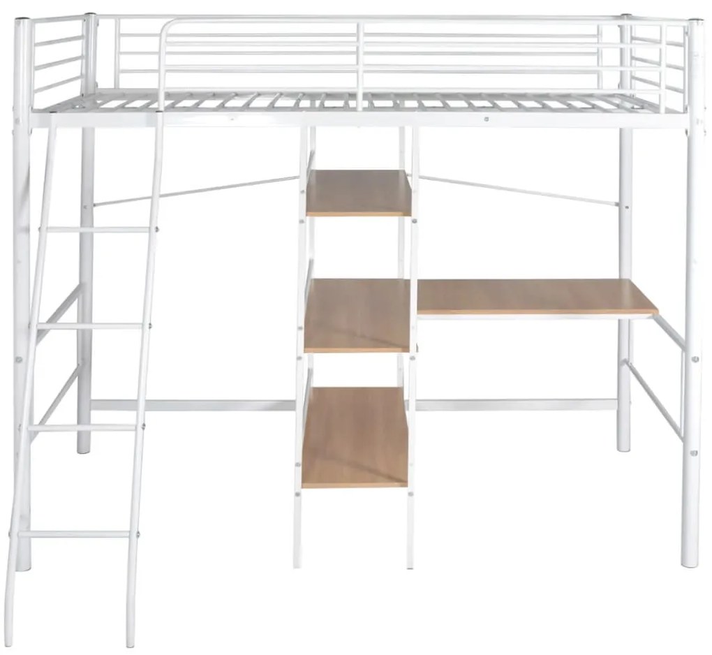 Cama alta com secretária metal 90x200 cm branco e castanho