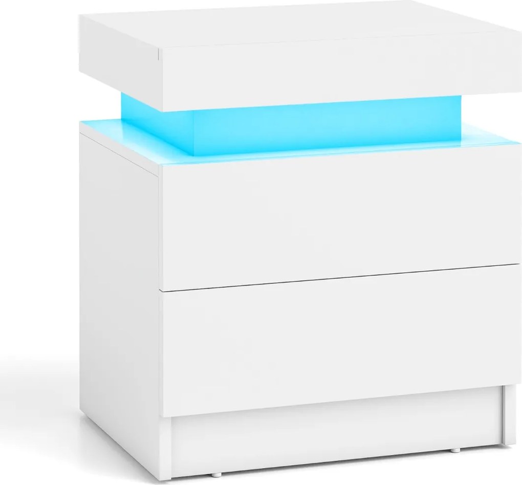 Mesa de cabeceira com luzes LED, 2 gavetas de arrumação, acabamento brilhante e textura de mármore branca