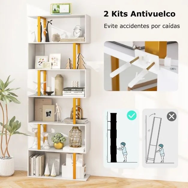 Estante geométrica em forma de S de 6 níveis 70 x 24 x 189 cm com estrutura metálica moderna Branco + Dourado