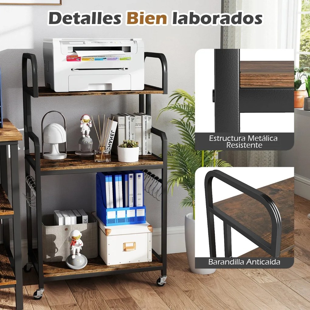 Suporte para impressora portátil 60 x 40 x 110 cm de 3 níveis com rodas, 10 ganchos em S, estrutura metálica Castanho rústico + Preto